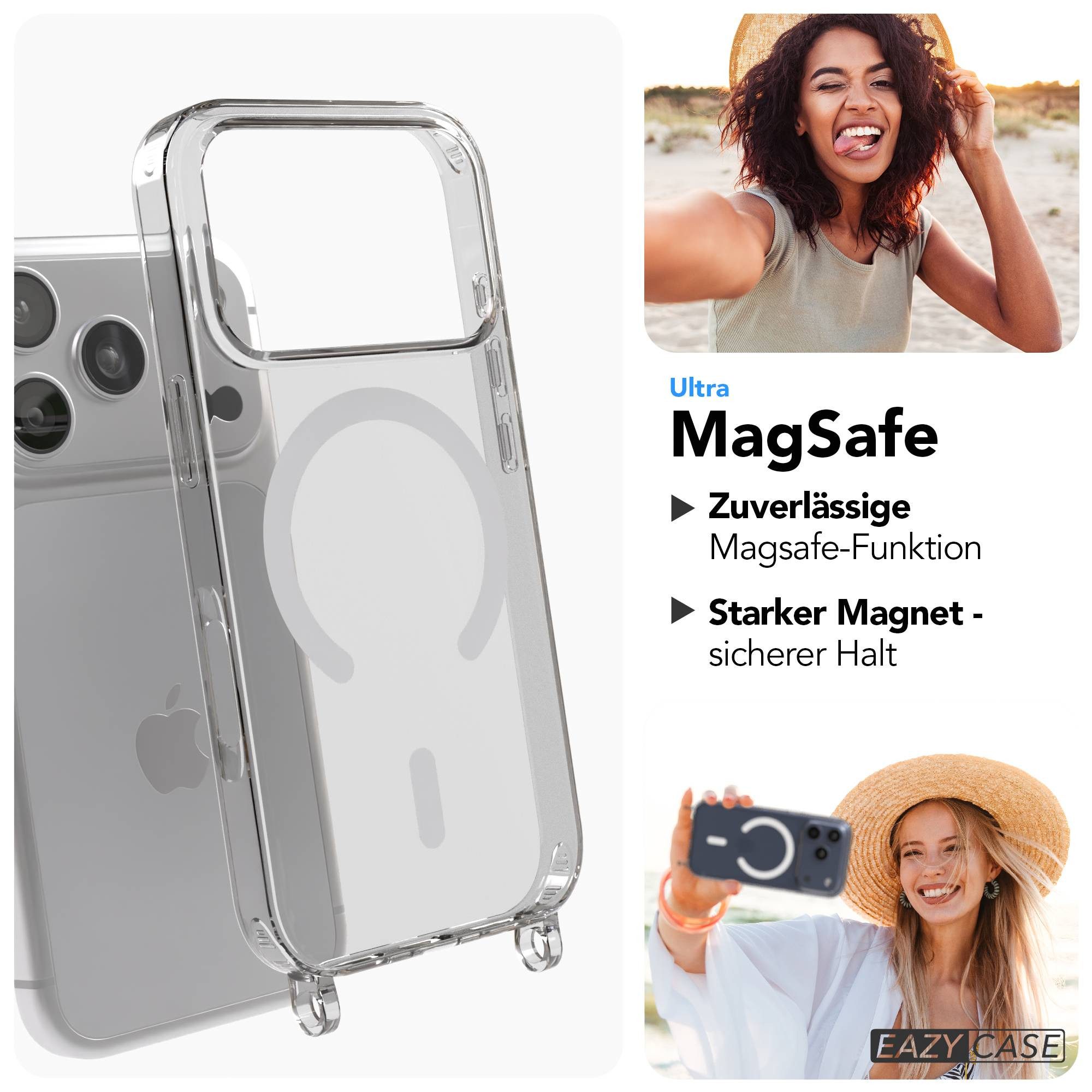 EAZY CASE Handykette mit Magsafe Hülle für Apple iPhone 17 Pro 6,3 Zoll, Umhängetasche für Handy Silikoncase Handyhülle durchsichtig Dunkelgrau