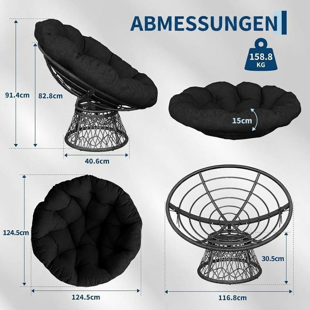 GarveeMore Relaxsessel gemütlicher Drehsessel Papasansessel Rattansessel Loungesessel, runder Relax Korbsessel Rattan Kissen Wohnzimmer,Leseecke,Lounge