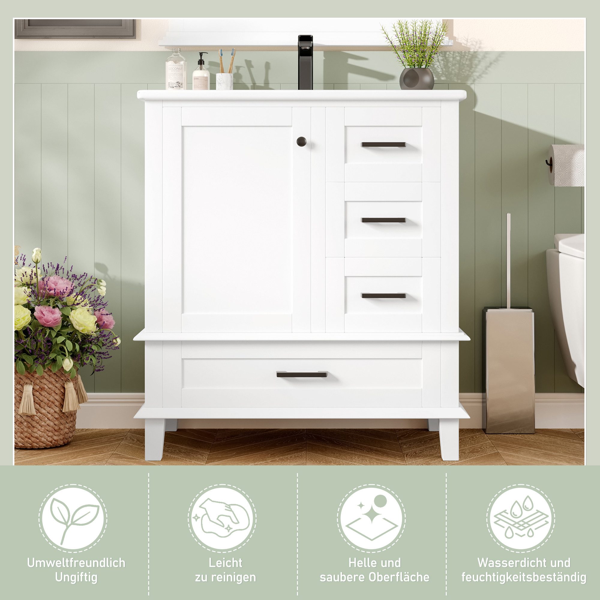 Merax Waschtisch mit 3 Schubladen und 1 Türregal (Badschrank Badezimmerschrank, 1-St., 76x46x83,5cm), Waschbeckenunterschrank mit Waschbecken, stehend Badmöbel – Bild 5 von 5