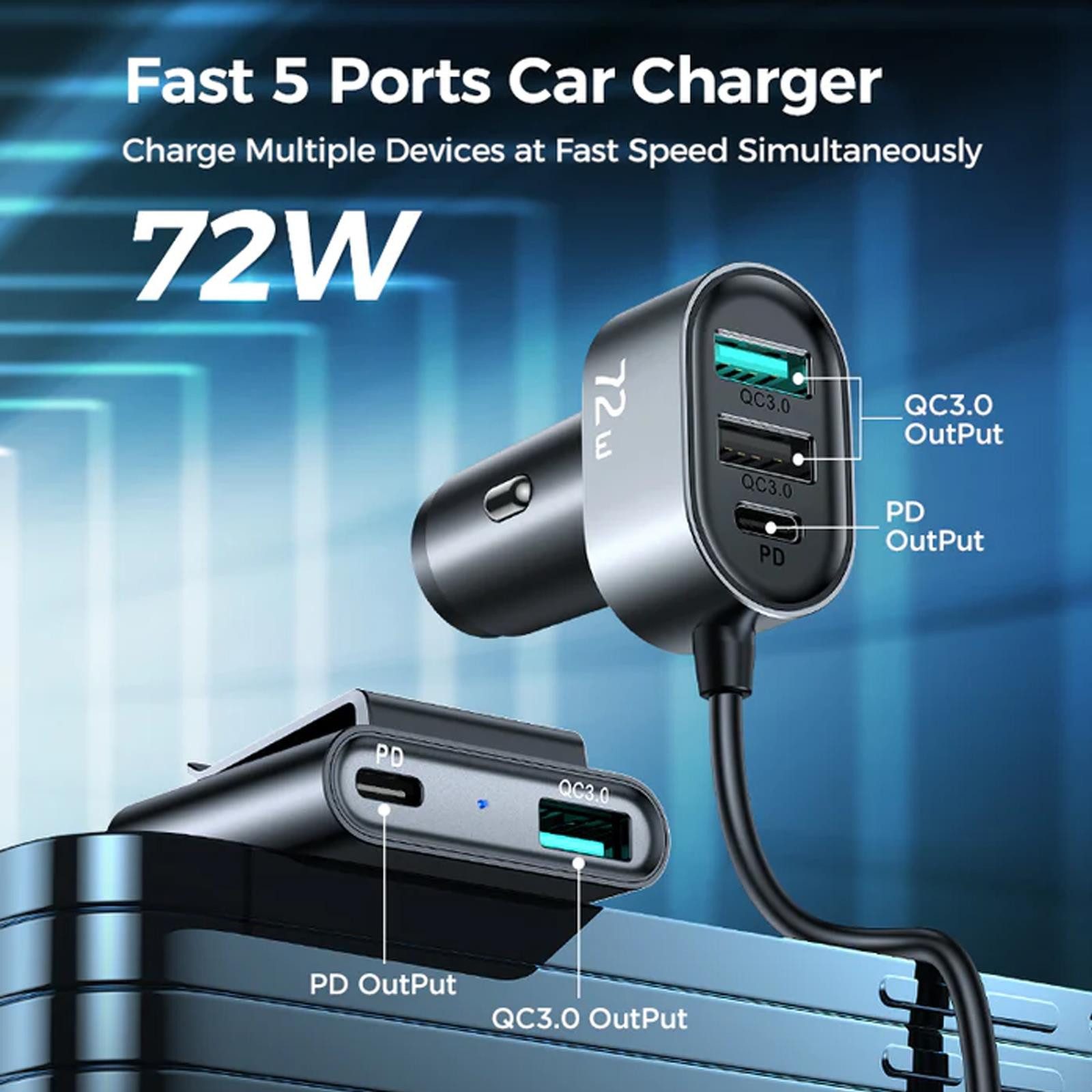 JOYROOM JR-CL05 Kfz Multi Smartphone-Ladegerät (4800 mA, 12V 24V KFZ USB Zigarettenanzünder Mehrfachstecker 5x USB Verteiler)