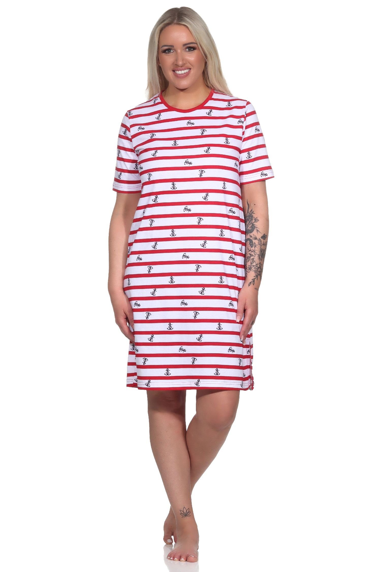 Normann Nachthemd Damen kurzarm Nachthemd in maritimer Optik - auch in Übergrössen rot | Nachthemden
