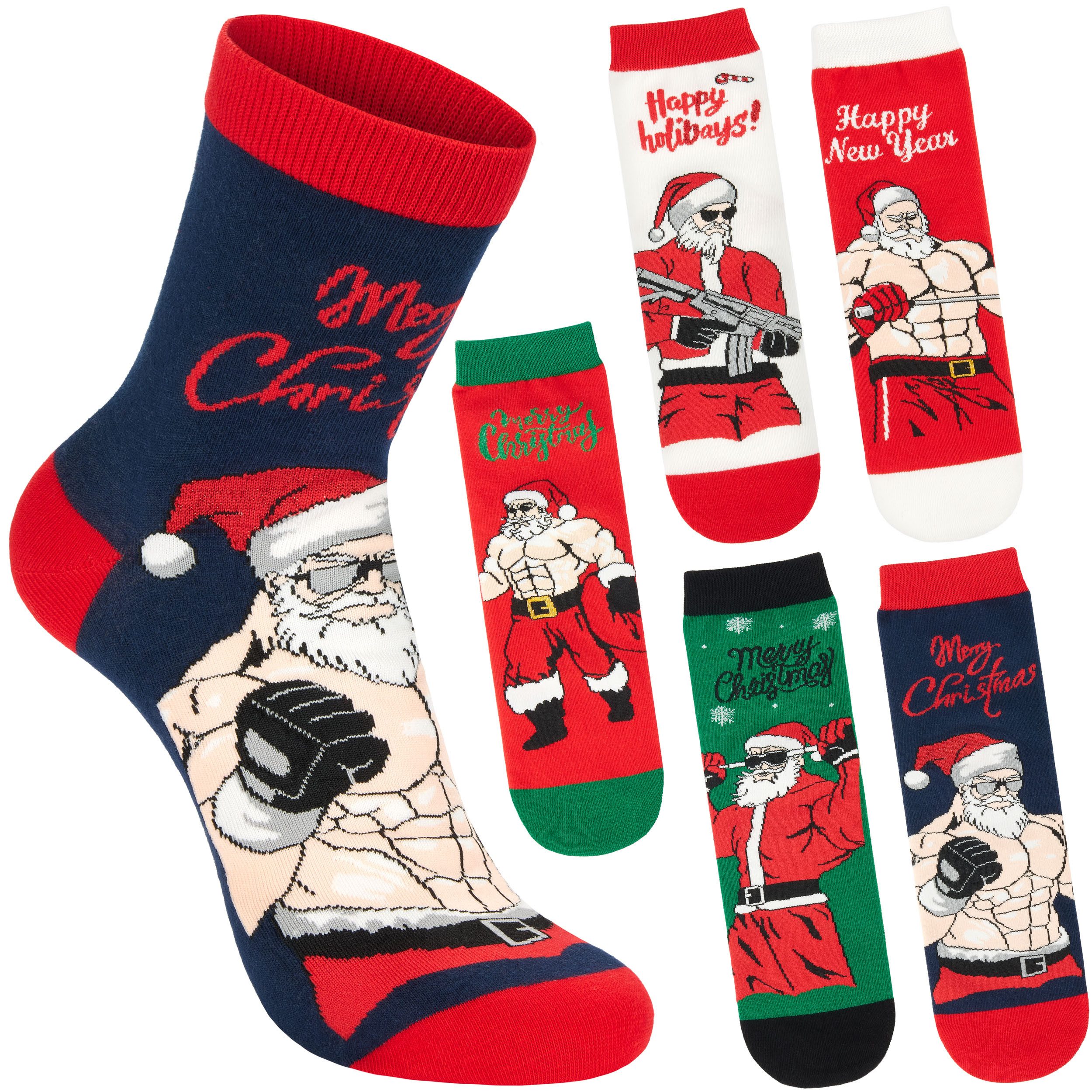 BRUBAKER Носки Lustige Herren Weihnachtssocken - Cool Santa (Geschenkset für Männer, 5-Paar, Weihnachtsmann) Herrensocken für Nikolaus und Weihnachten - Bunte Baumwollsocken