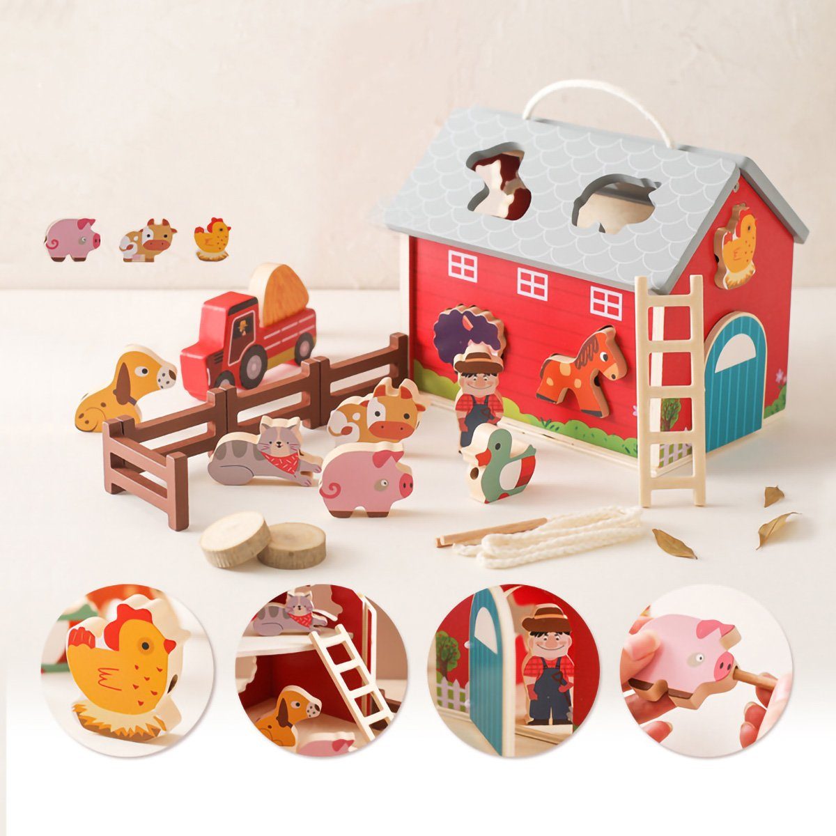 yozhiqu Spielwelt Bauernhof Fädelspiel aus Holz mit Bauer, Ente und anderen Holzfiguren, (1-tlg), Entwicklung von intellektuellen und operativen Fähigkeiten