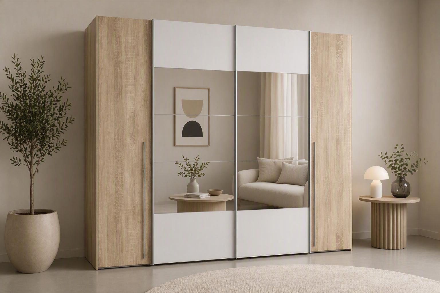 FORTE Kleiderschrank Narago, Kombischrank mit Spiegel (B/H/T ca. 270/210/61cm) Schwebetüren in Kombination mit Drehtüren, Made in Europe