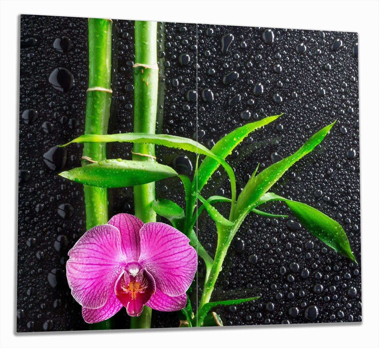 Wallario Herd-Abdeckplatte Bambus und pinke Orchidee auf schwarzem Glas mit Regentropfen, ESG-Sicherheitsglas, (Glasplatte, 2 tlg., inkl. 5mm Noppen), verschiedene Größen