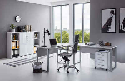 BMG Möbel Büromöbel-Set Office Edition Set 2, Büromöbel komplett Set Arbeitszimmer Home Office in Lichtgrau/Weiß Matt Made in Germany