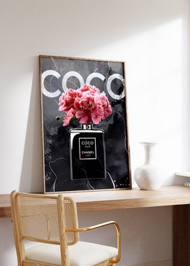 JUSTGOODMOOD Poster Premium ® Coco Chanel Poster · Coco Noir Parfüm Flacon · ohne Rahmen, (1 St), Poster in vielen verschiedenen Größen verfügbar, Poster, Wandbild