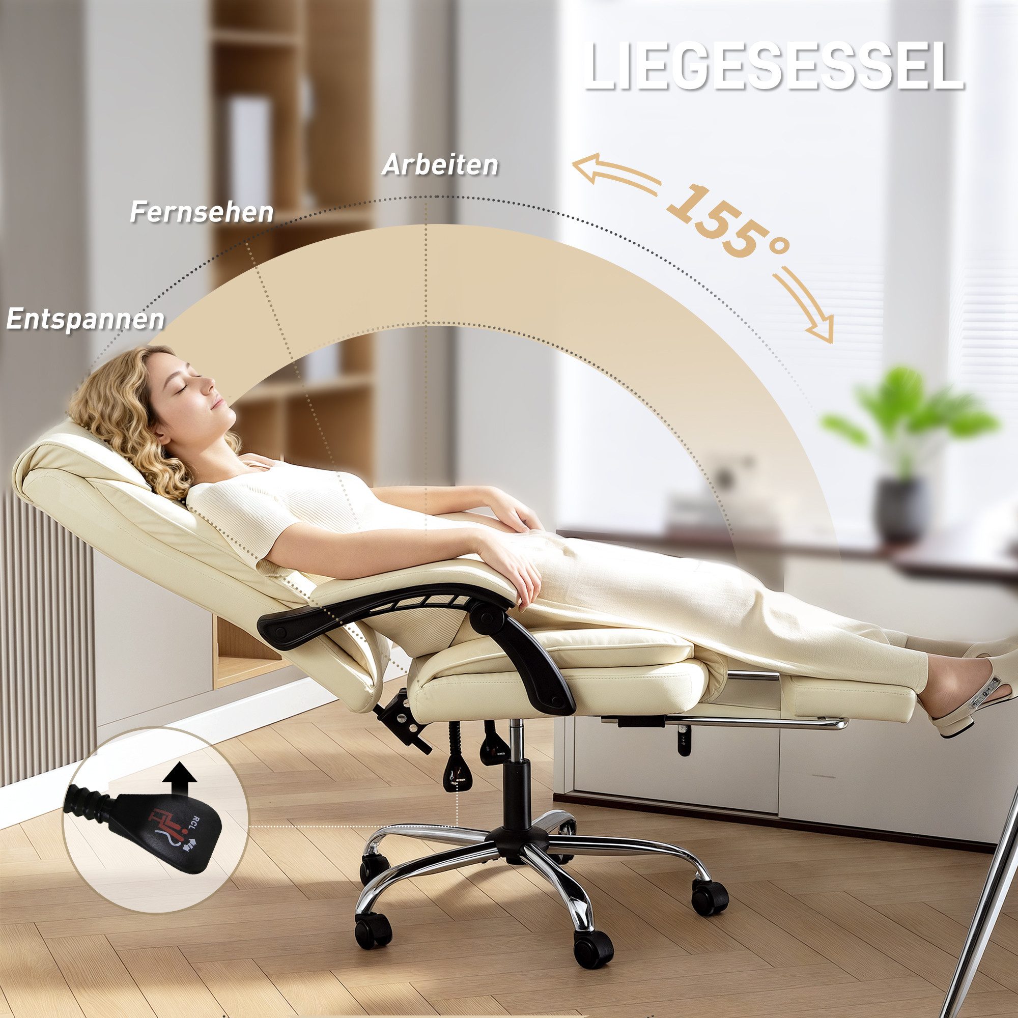 HOMCOM Schreibtischstuhl Bürostuhl ergonomisch, verstellbare Rückenlehne, Computerstuhl (Drehstuhl, 1 St), für Arbeitszimmer, Büro, Beige – Bild 4 von 5