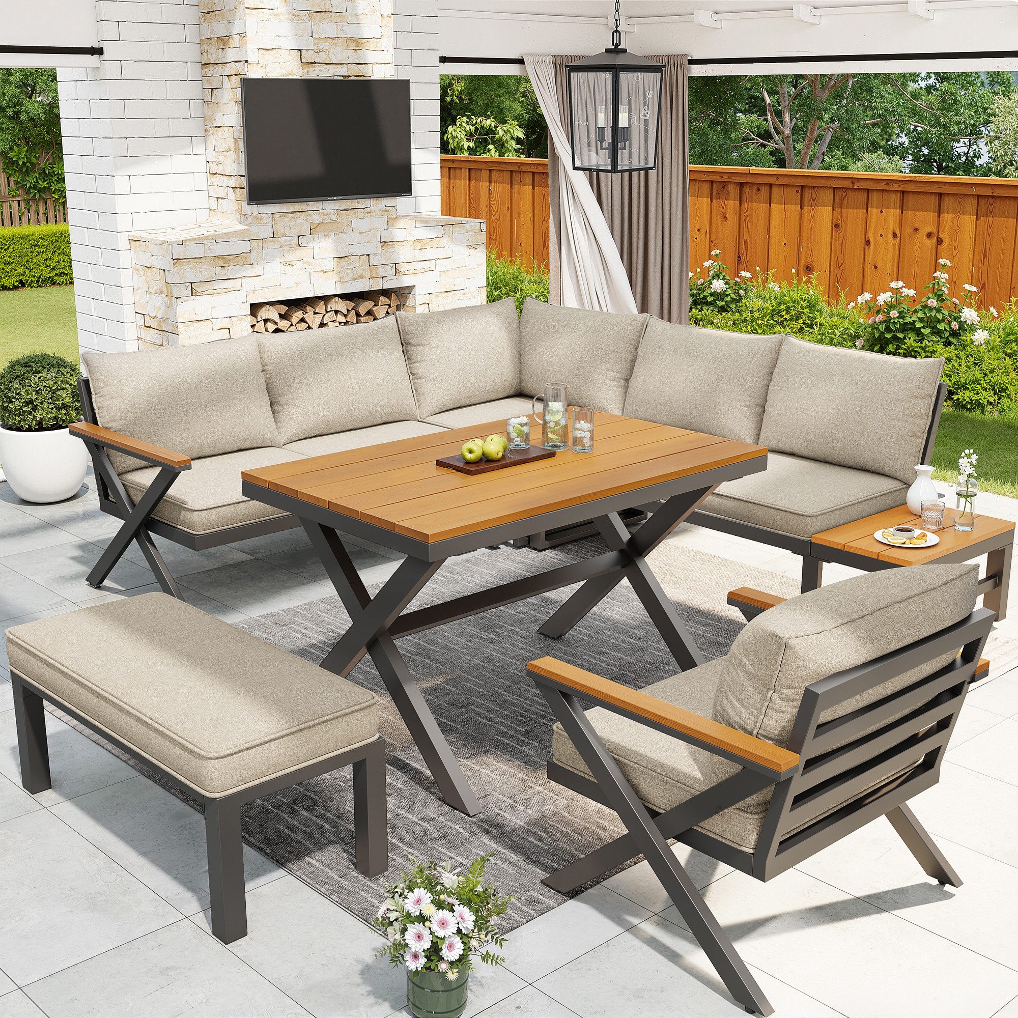 Merax Gartenlounge-Set mit Metallrahmen & verstellbaren Füße, Gartenmöbel aus Kunstholz, 8-Sitzer Sitzgruppe mit Sofa, Ecksofa, Sessel, Hocker und Holztischen