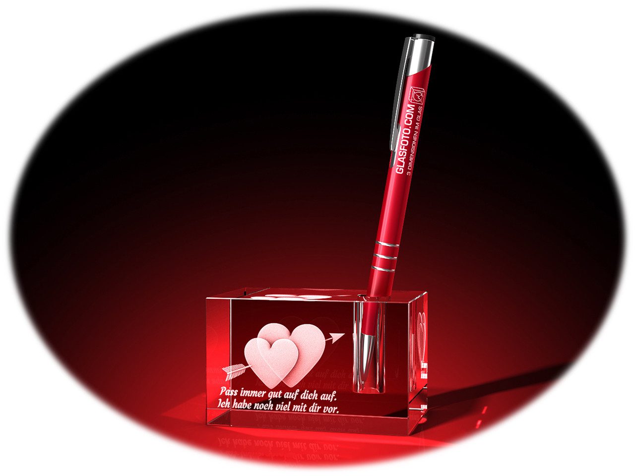 GLASFOTO.COM Dekofigur Stifthalter, Valentinstag, Doppelherz + Pass auf dich auf