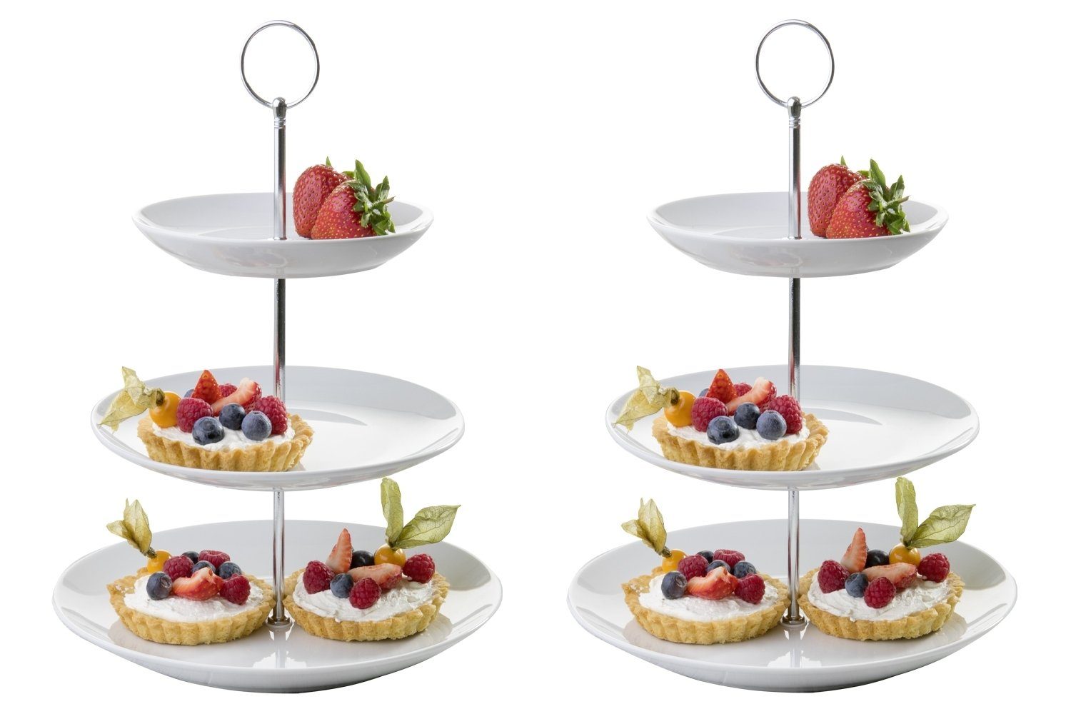 Home4You Etagere Servier-Ständer, 2er Set, H 37 cm, Weiß, 3 Etagen, Porzellan, Ø 26 cm, für Obst, Süßigkeiten, Kuchen, Desserts