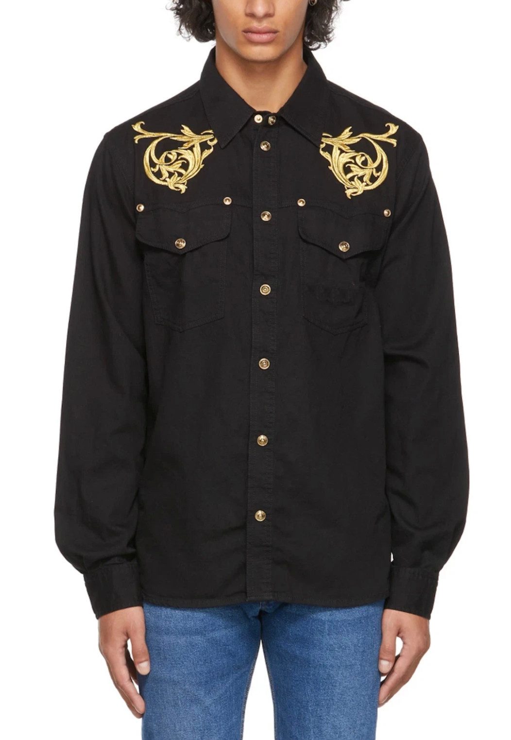 Versace Langarmhemd Regalia Baroque Denim Hemd Jacke Lose Fit Goldfarbene,logo-gravierte Hardware mit Barock-Stickerei