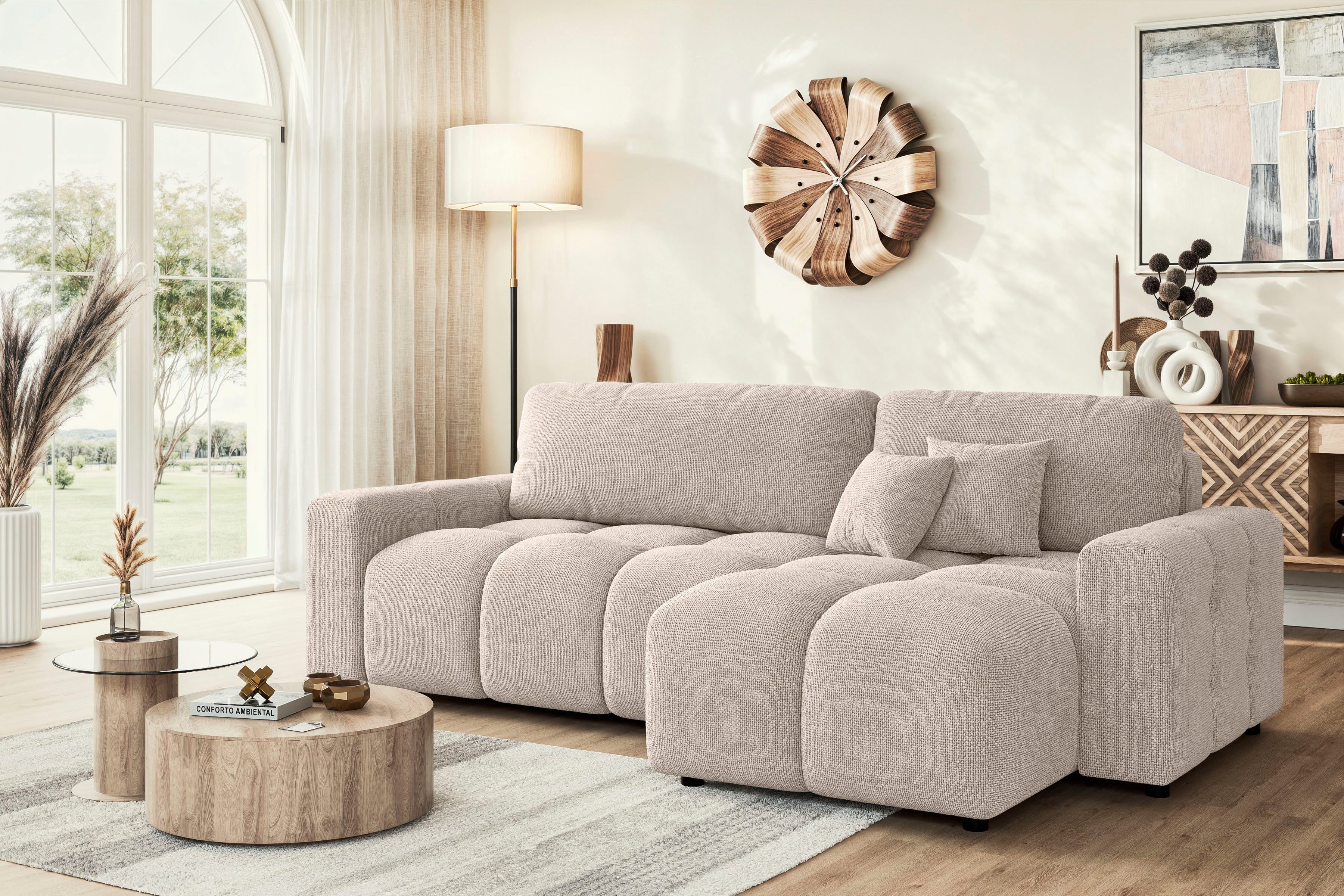 Home affaire Ecksofa FELICI, Schlafsofa 233cm, L-Form mit Recamiere beidseitig montierbar, Designsofa mit Bettfunktion und Bettkasten, Maße B/T/H: 233/142/88 cm