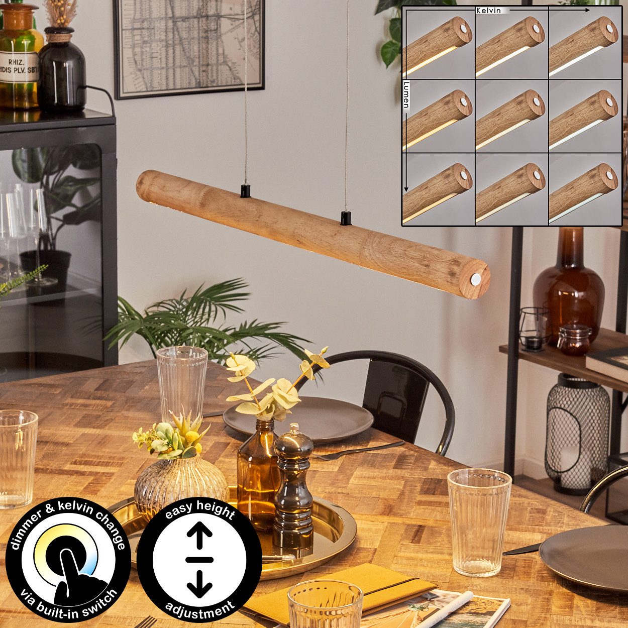 hofstein Pendelleuchte dimmbare Hängelampe aus Metall/Holz/Kunststoff in Schwarz/Naturfarben, LED wechselbar, 3000-6000 Kelvin, skandinavisches Design, Touchdimmer, LED 20 Watt, 2100 Lumen
