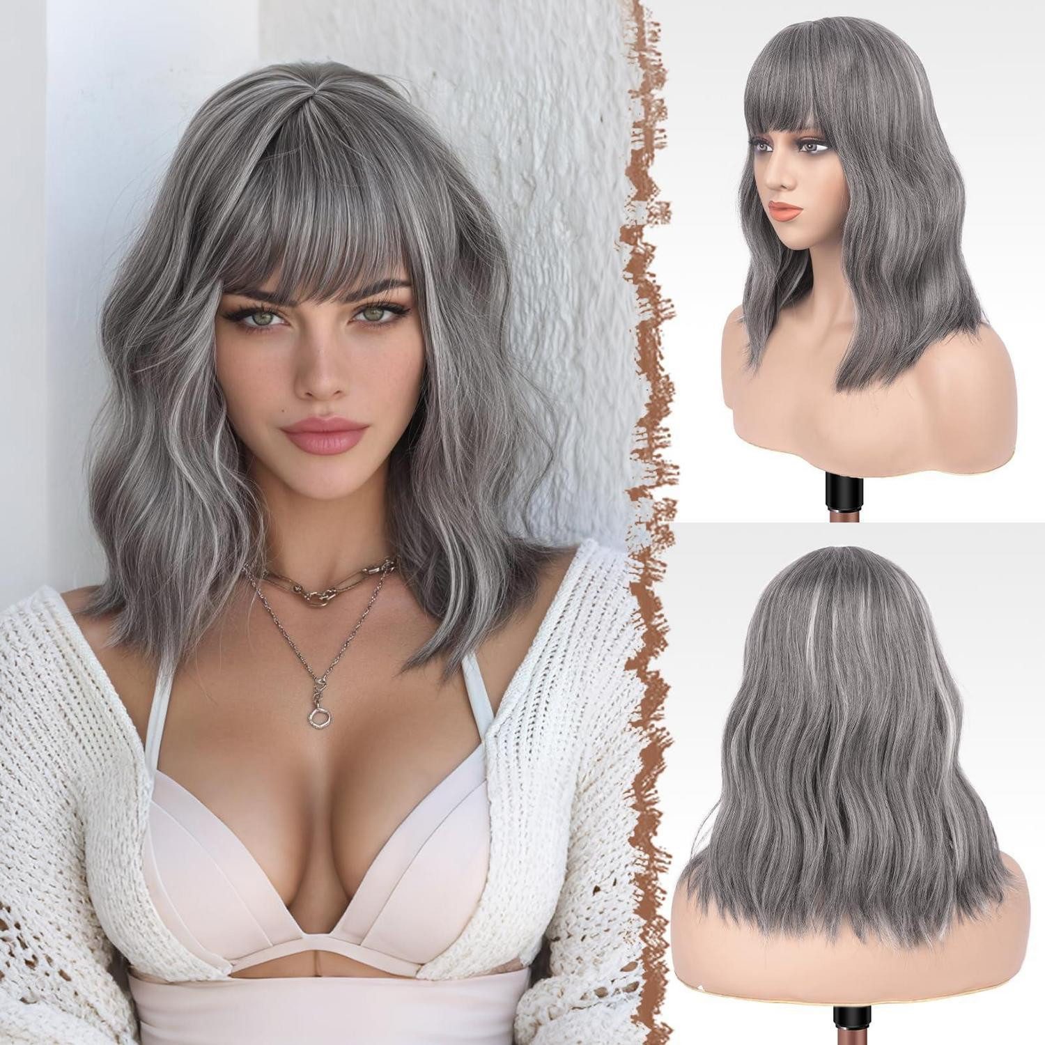 LuxusKollektion Kunsthaarperücke Perücke Wellig Bob Pony Schulterlänge Damen Synthetik 35cm Mix Grau