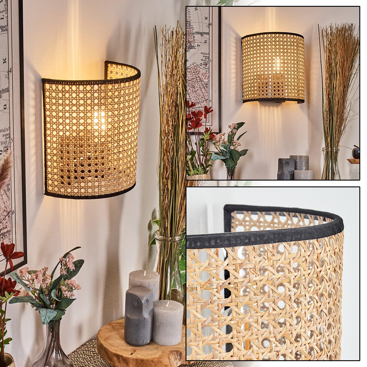hofstein Wandleuchte Wandlampe aus Metall/Rattan/Wienergeflecht/Stoff in günstig online kaufen