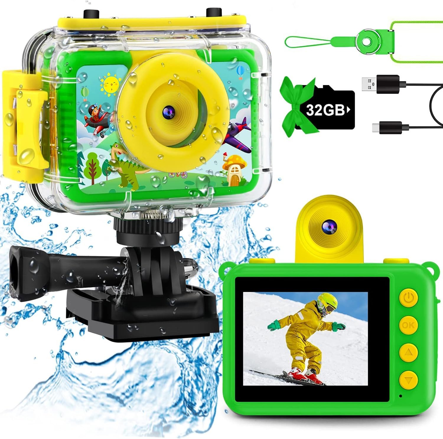 GKTZ Geschenk für Mädchen 3-12 Jahre alt Kinderkamera (20 MP, mit 32GB SD-Karte wasserdichte Unterwasser Fotoapparat kamera)