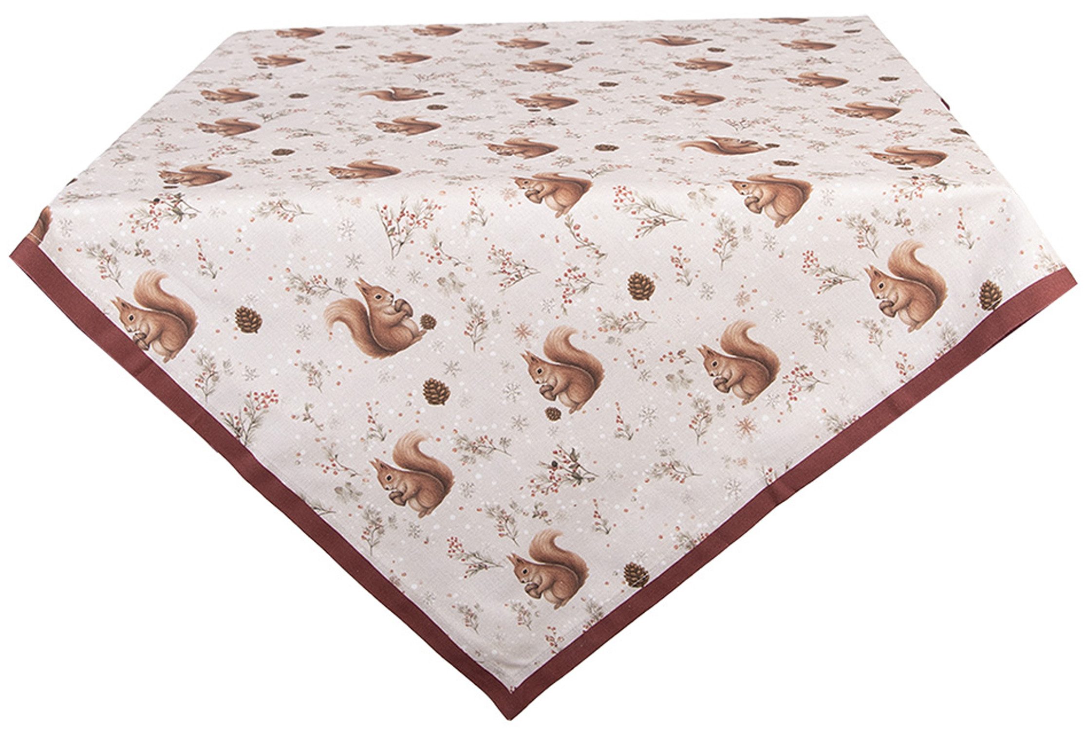Clayre & Eef Tischdecke Tiny Squirrel Tales (1-tlg, 1-teilig), quadratische Tischdecke Mitteldecke ca.100x100cm Baumwolle