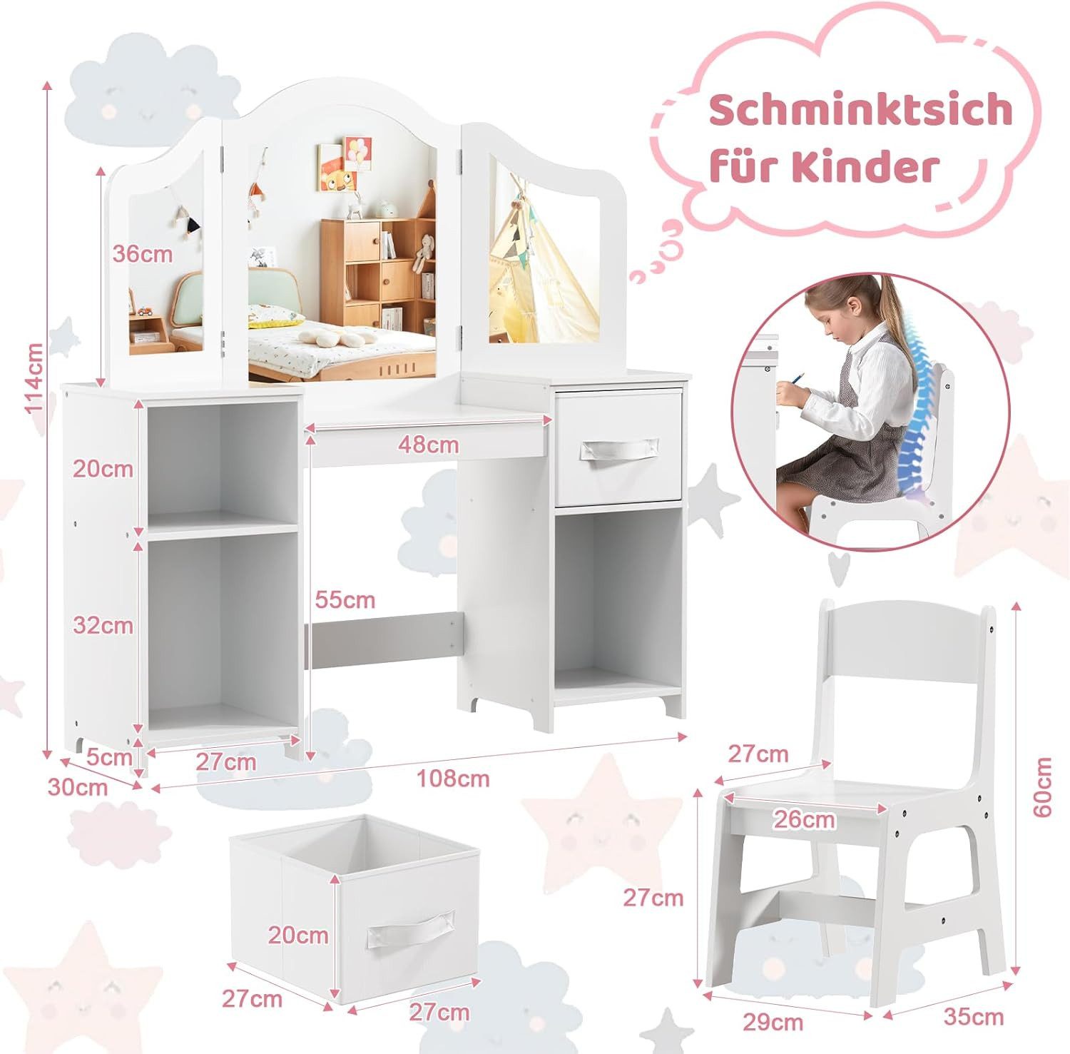 TLGREEN Schminktisch Kinderschminktisch 2 in 1,mit Abnehmbarem Spiegel (108x30x114 cm), Schminktisch Mädchen,Schreibtisch mit Hocker – Bild 3 von 5