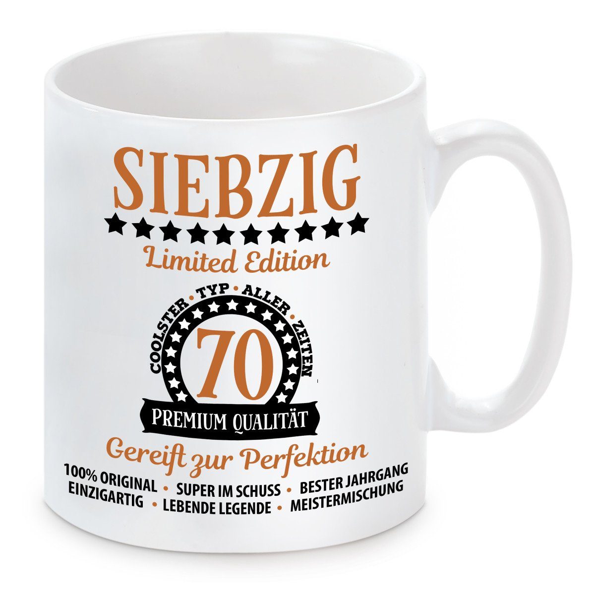 Herzbotschaft Tasse Kaffeebecher mit Motiv Siebzig - 70 -, Keramik, Kaffeetasse spülmaschinenfest und mikrowellengeeignet