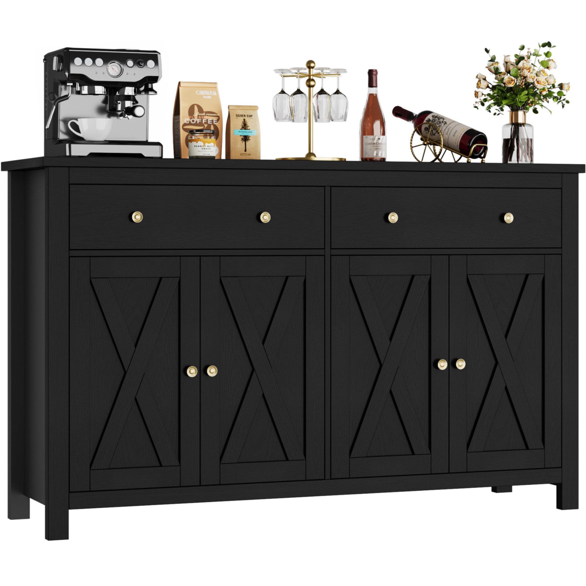 Homfa Sideboard für Küche 140cm Breit, Küchenschrank Buffetschrank 2 Schubladen 4 Türen 140x40x89cm schwarz