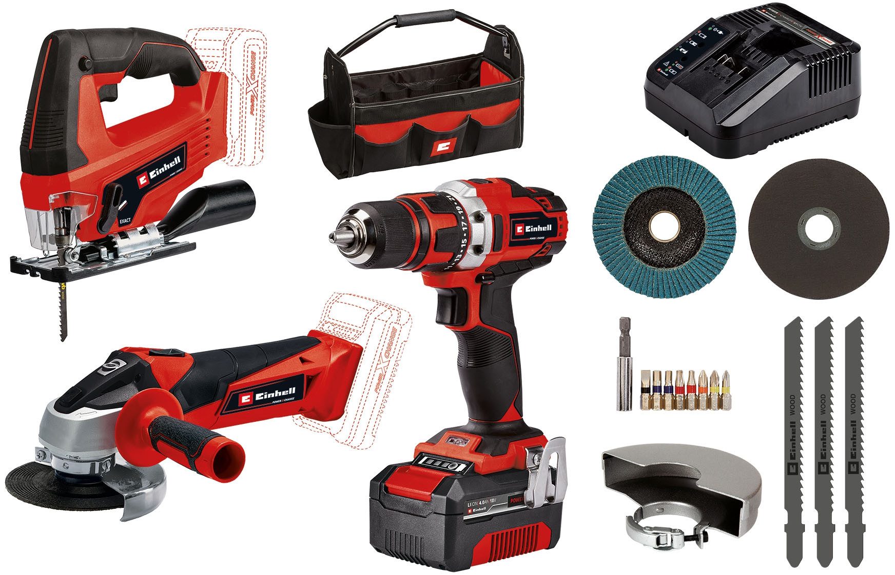 Einhell Elektrowerkzeug-Set TE-TK 18/3 Li Kit (JS+CD+AG), Set, 13-tlg., Akku-Bohrschrauber, -Winkelschleifer und -Stichsäge, Tasche