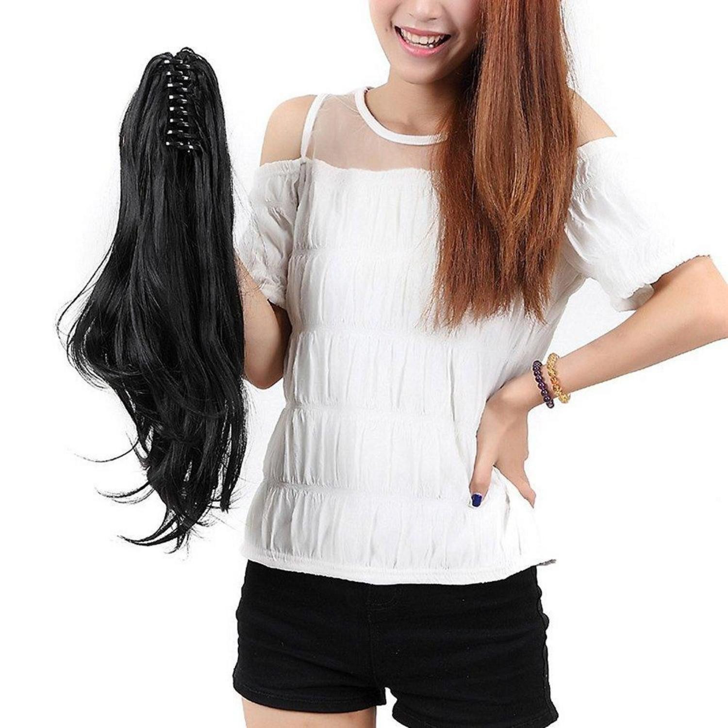 LuxusKollektion Kunsthaar-Extension Haarverlängerung Haarteil Pferdeschwanz Klauen 45 cm Naturschwarz