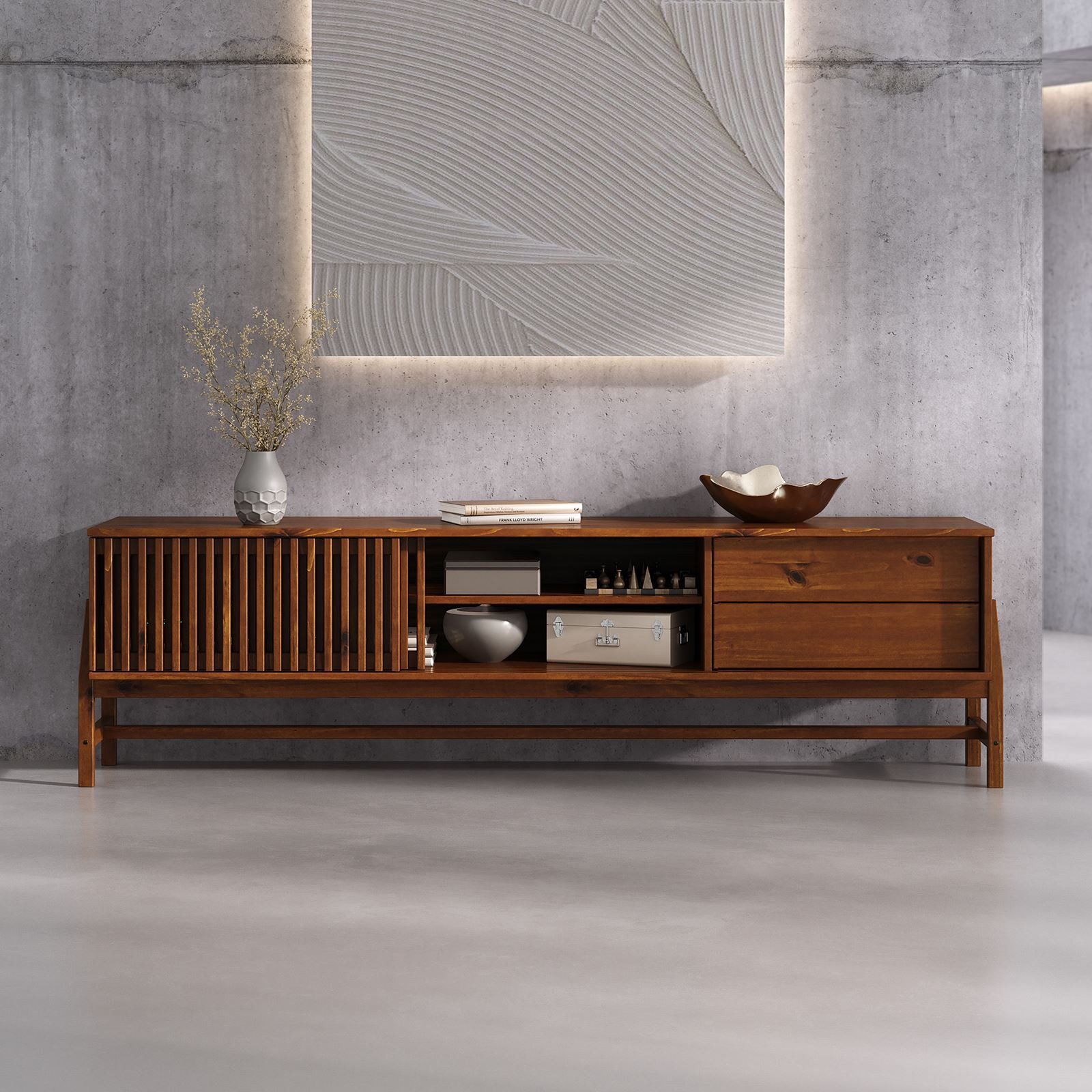 IDIMEX Lowboard ADAMO, Sideboard 180cm aus Massivholz mit Lamellenschiebetüren KastanieFinish