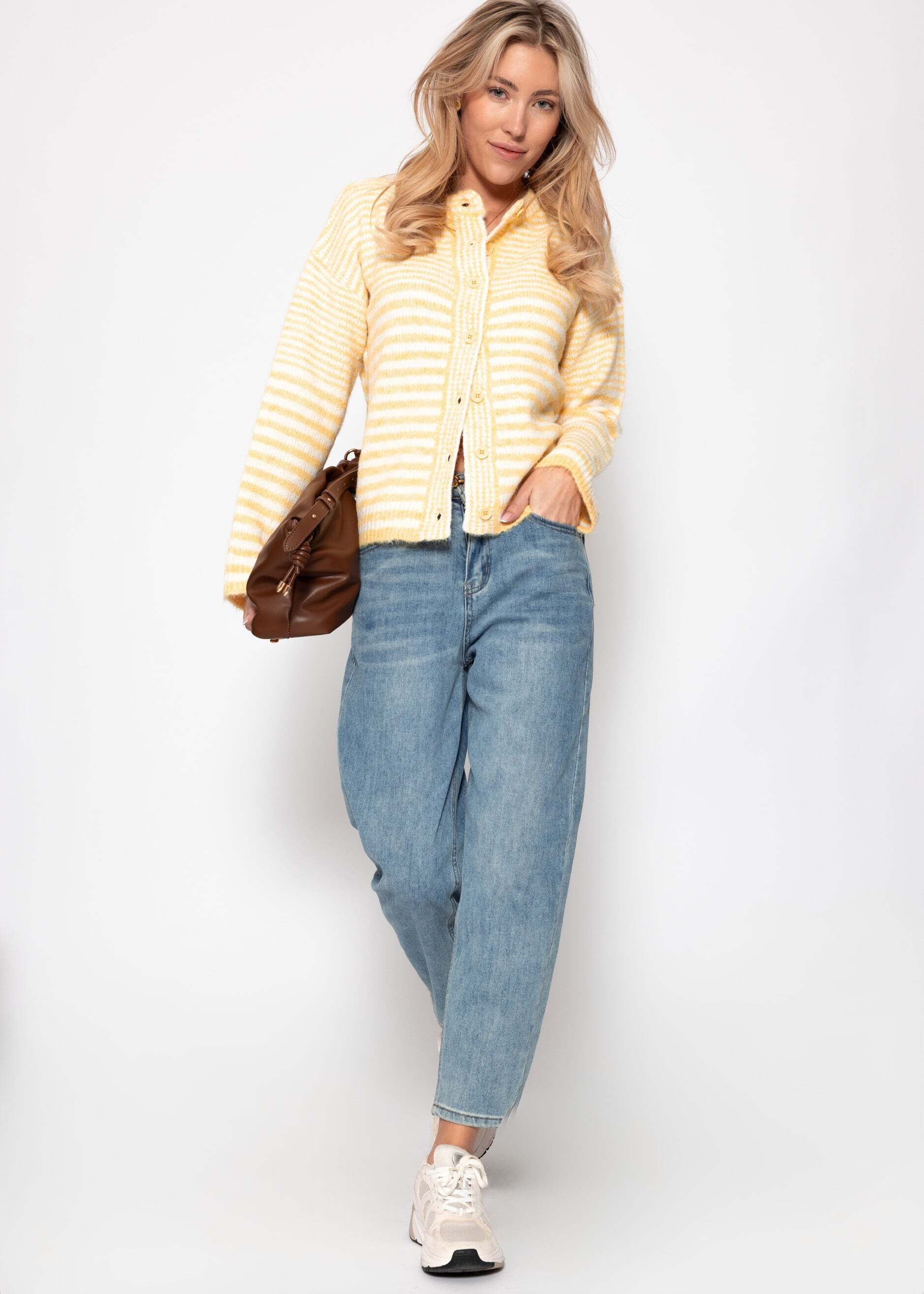 SASSYCLASSY Cardigan Strickjacke mit grafischem Streifenbild für Damen Weicher Cardigan mit durchgehender Knopfleiste im lockeren Schnitt