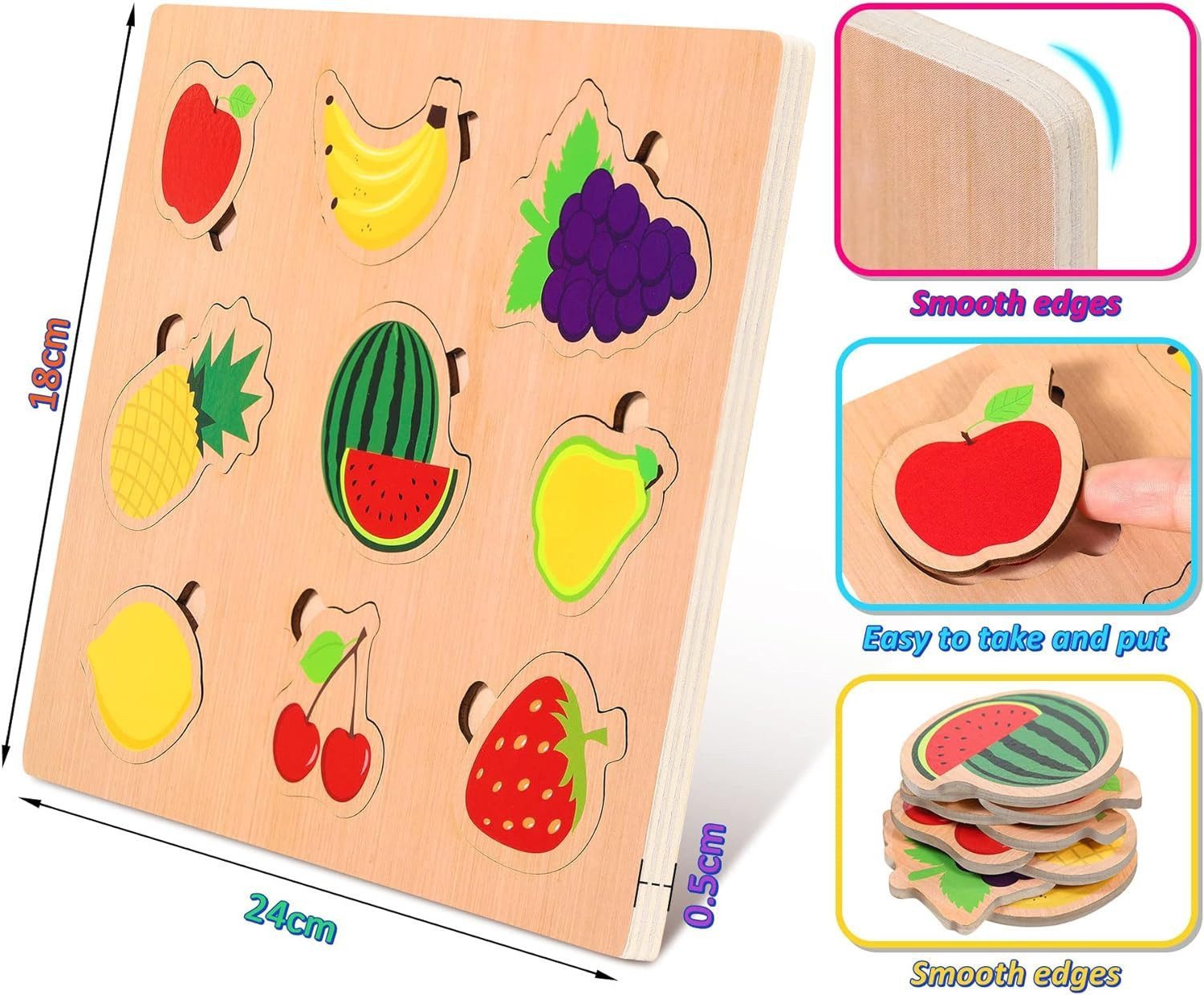 POPOLIC Lernspielzeug 6er Set Kinder Holzpuzzle,Allgemeinwissen-Rätsel, Montessori-Spielzeug (26 x 20 x 4.5 cm, 1-St., Umweltfreundliche, sichere Materialien), Puzzle Steckpuzzle Lernspielzeug Kinderspielzeug 2 3 Jahre