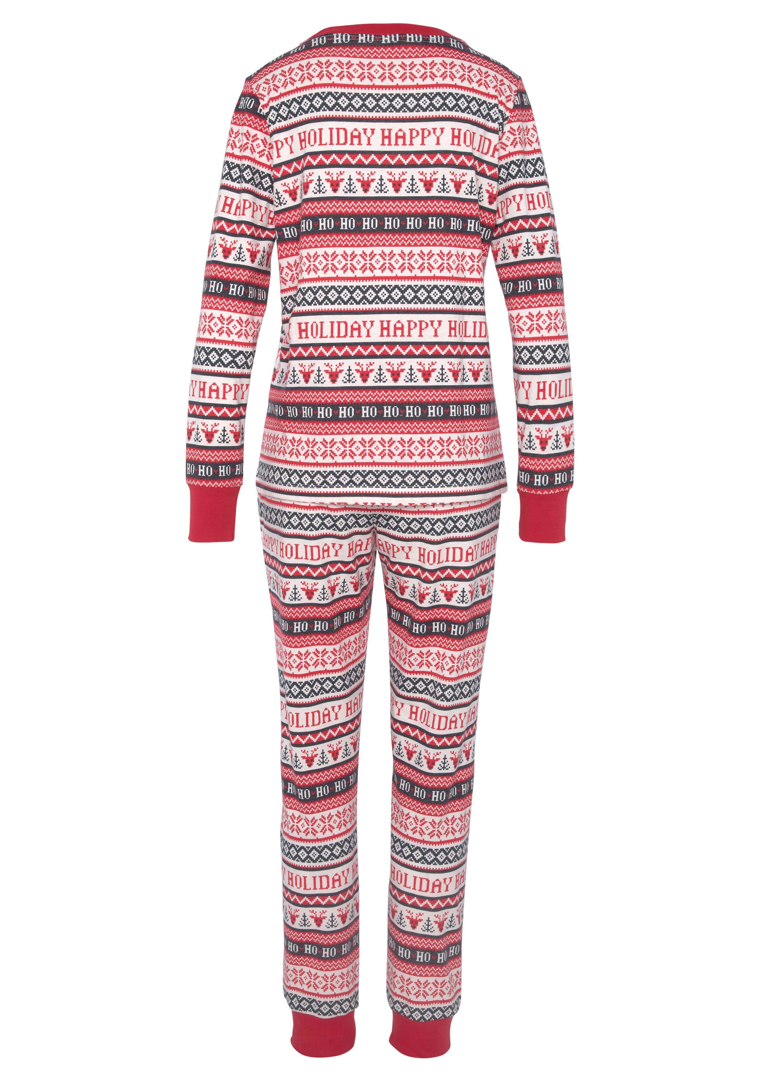 Druck Pyjama LASCANA dunkelrot (2 tlg) gemustert winterlichem mit