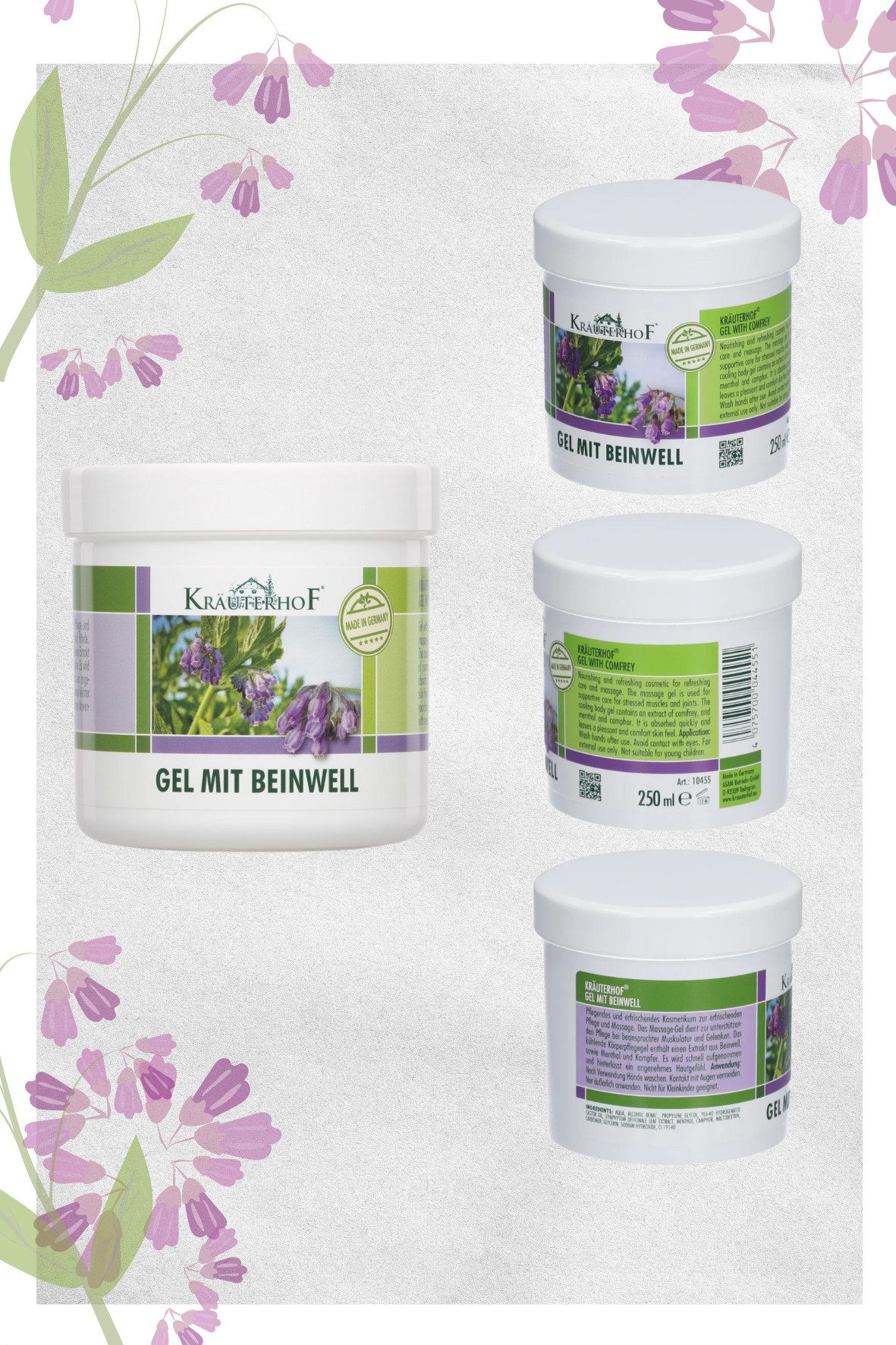 Kräuterhof Körperbalsam KräuterhoF Gel mit Beinwell 250 ml Pflege- und Entspannungsset, 1-tlg., Kühlende Wirkung, hautfreundliche Rezeptur