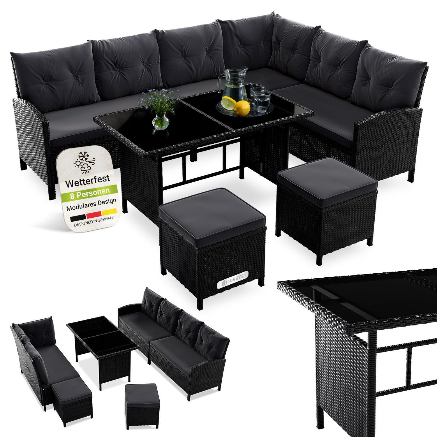 Juskys Gartenlounge-Set Manacor, (Gartenlounge), Polyrattan Gartenmöbel-Set mit Garten-Sofa, Garten-Tisch und 2 Hocker