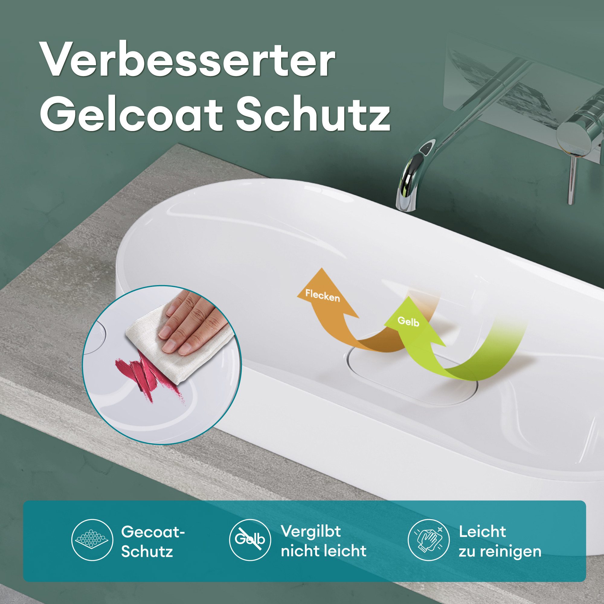 Mai & Mai Aufsatzwaschbecken Waschschale Oval Versteckter Abfluss Nano-Versiegelung DIN Col826, Aufsatzwaschbecken aus reinem Mineralguss – Bild 5 von 5