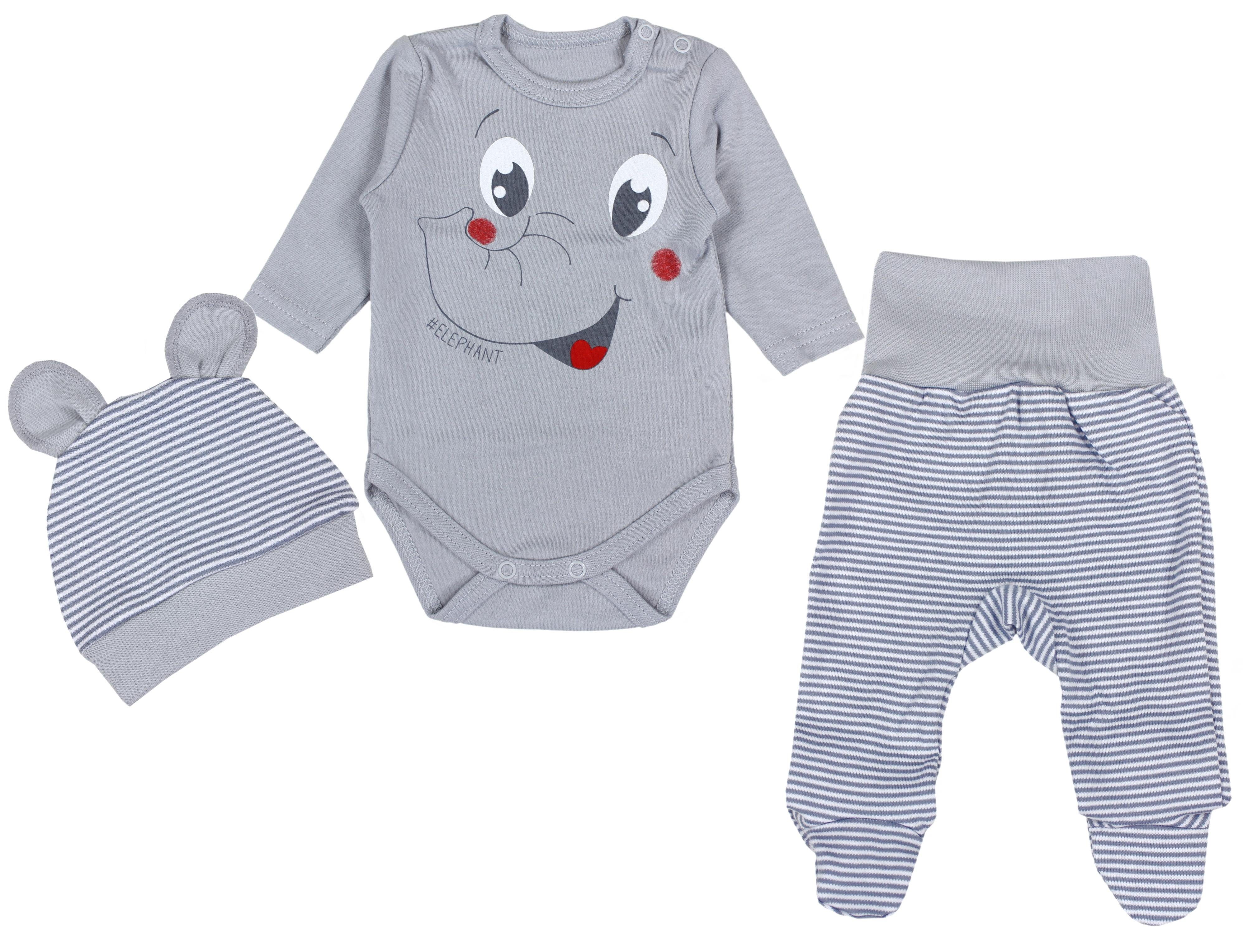 TupTam Erstausstattungspaket Baby Mädchen Jungen Bekleidungsset Langarmbody Hose Mütze mit Spruch Elefant Grau