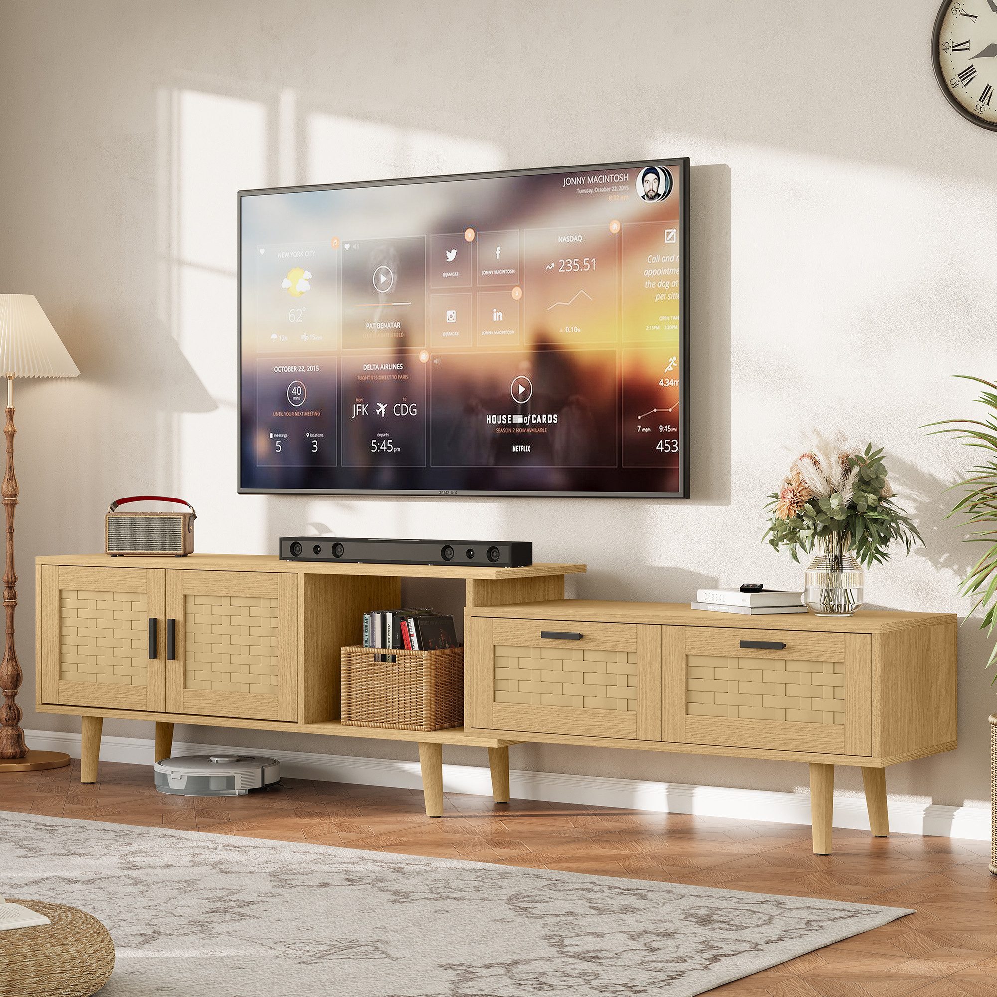PXloue Lowboard TV-Schrank mit Viel Stauraum (Türen und 2 Schublade), Breite 169 cm (Holzfarbe) Rattan-TV-Schrank