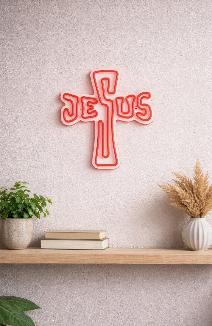 TSE LED Nachtlicht Jesus Kreuz Neon Schild LED Wandlicht Rot USB Religiöse Deko 30x40cm