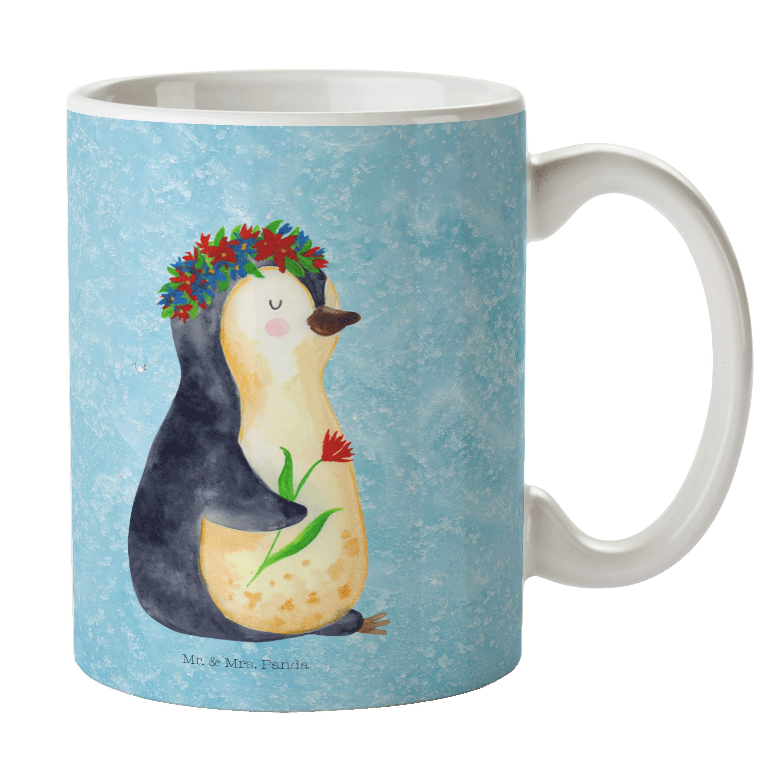 Mr. & Mrs. Panda Tasse Pinguin Blumenkranz - Eisblau - Geschenk, Geschenk Tasse, Geschenkide, Keramik