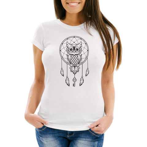 MoonWorks Print-Shirt Damen T-Shirt Boho Eule Traumfänger Slim Fit Moonworks® mit Print