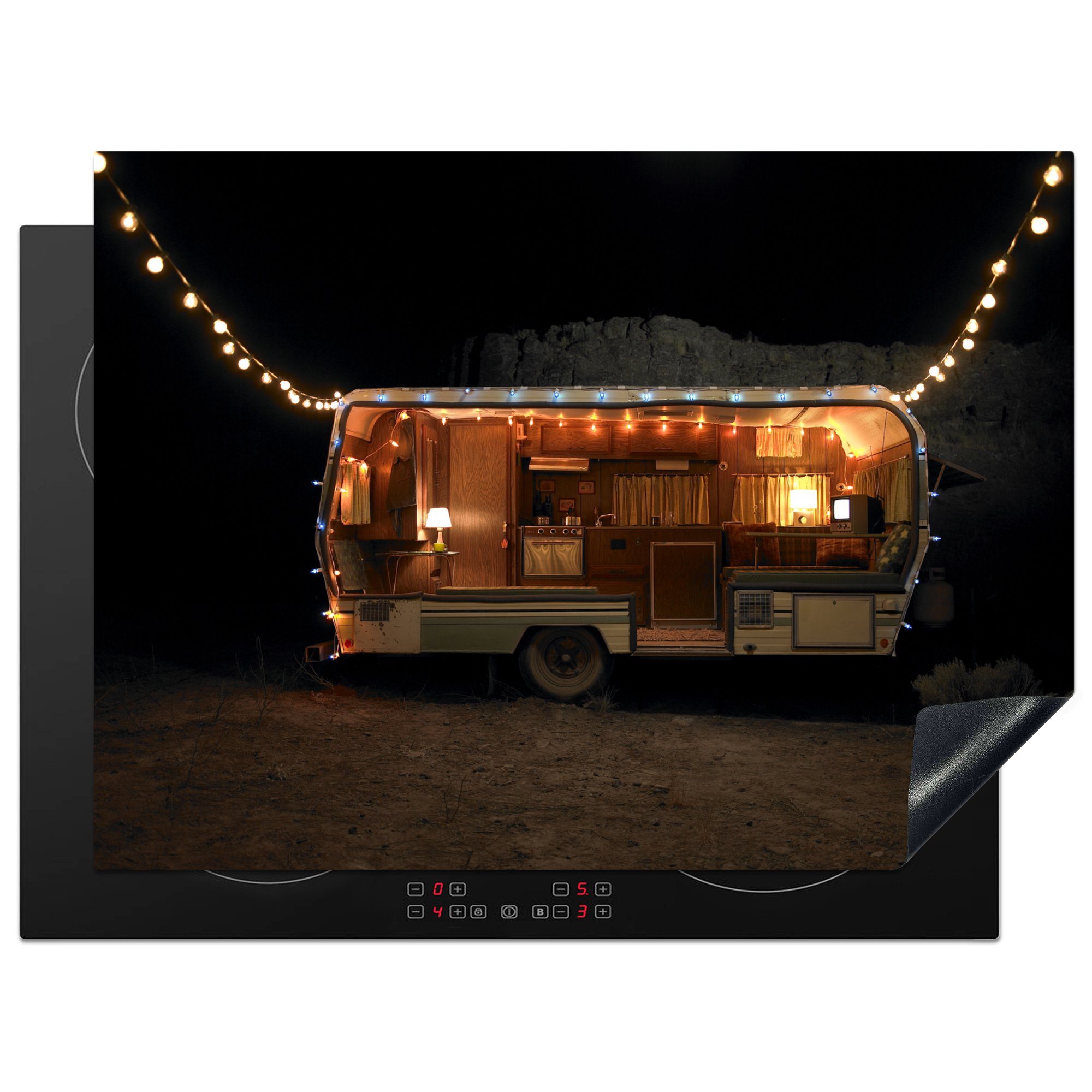 MuchoWow Herdblende-/Abdeckplatte Ein Wohnwagen mit Beleuchtung, Vinyl, (1 tlg), 70x52 cm, Mobile Arbeitsfläche nutzbar, Ceranfeldabdeckung