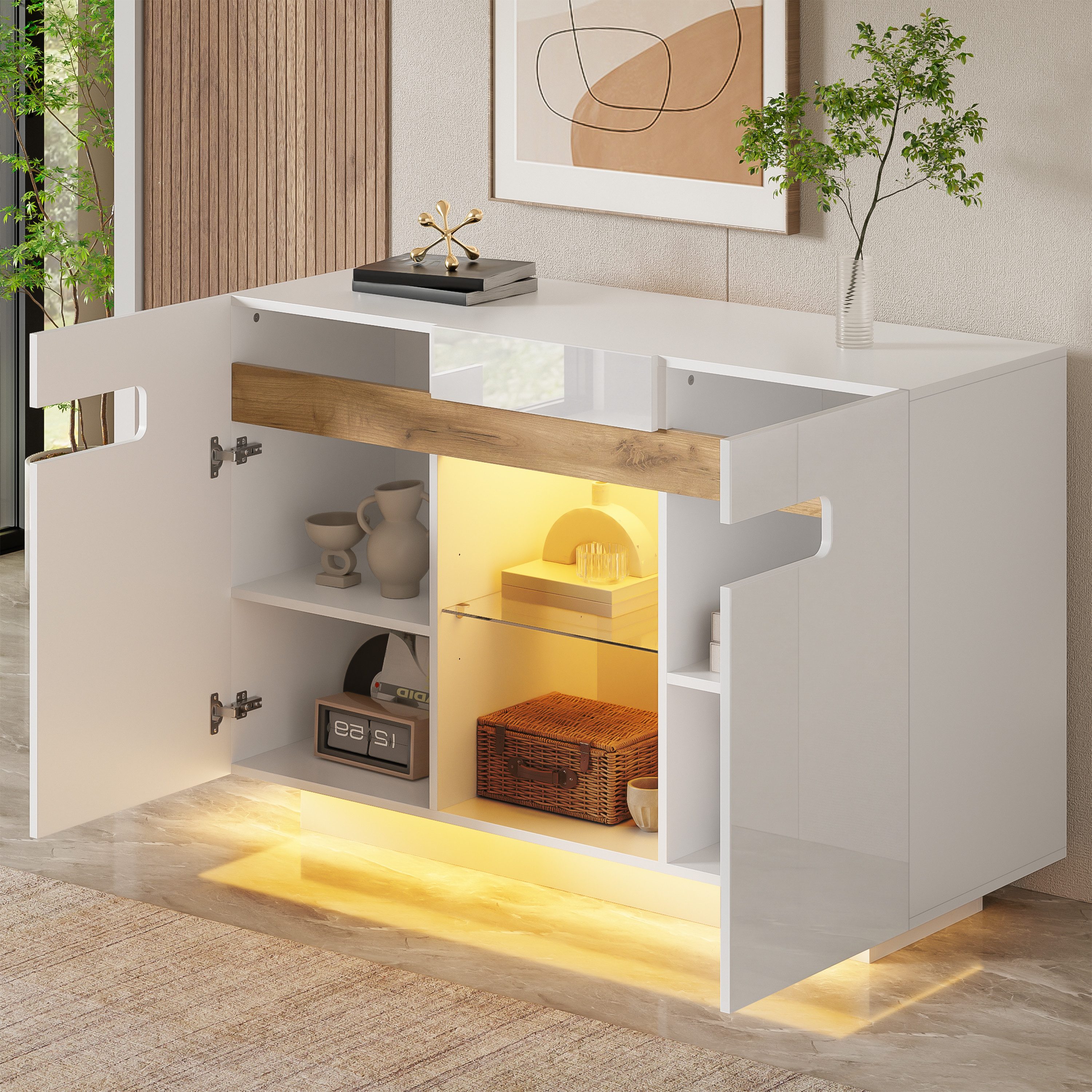 Flieks Sideboard Kommode mit LED-Beleuchtung und verstellbarer Glaseinlegeböden (1 St., 120x40x80 cm), Mehrzweckschrank Multifunktionsschrank Holzschrank Hochglanz Weiß
