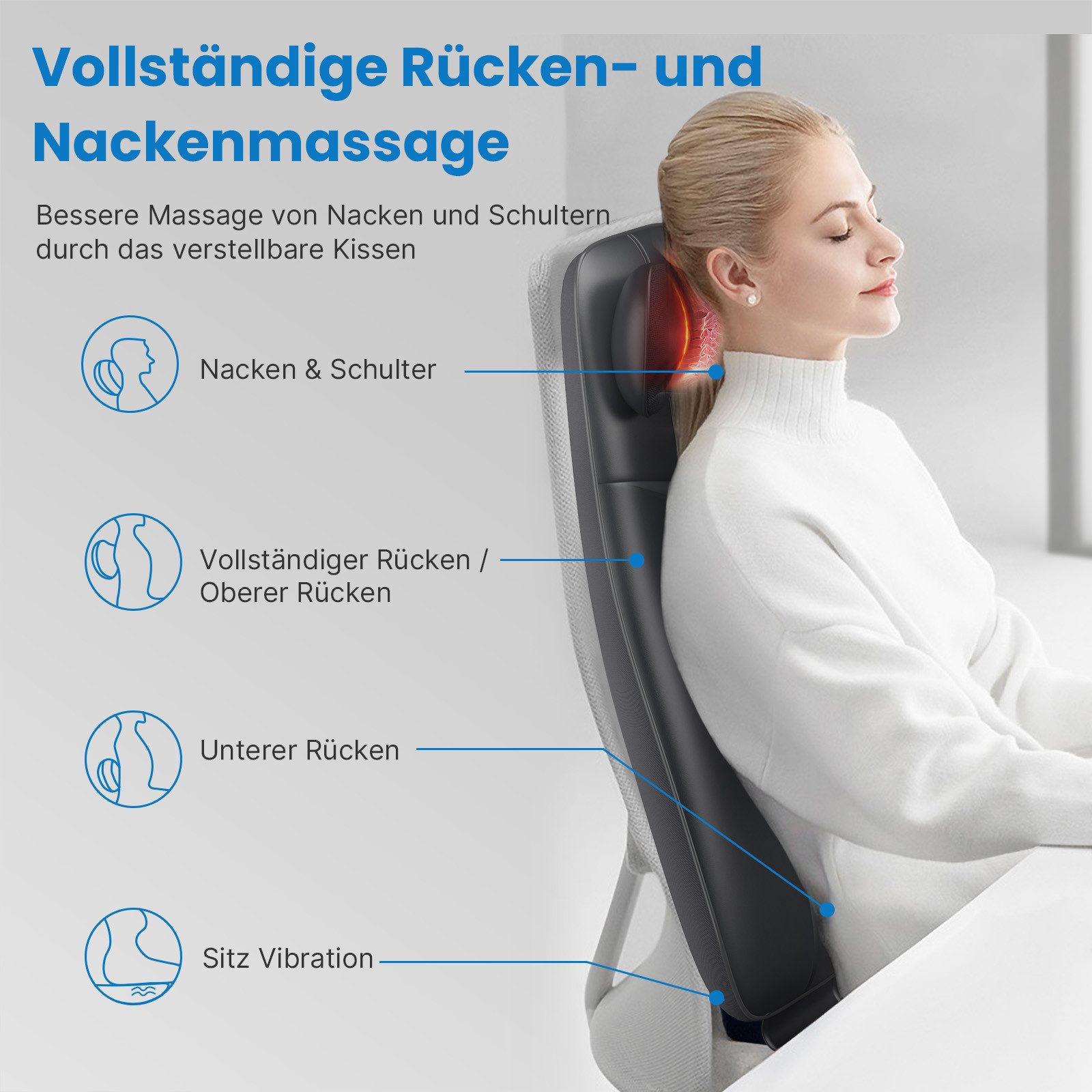 RENPHO Shiatsu-Massagesitzauflage Neck & Back Massager Cushion S BM076, für Tiefenentspannung des Nackens & Rückens -- Wärme & Vibration