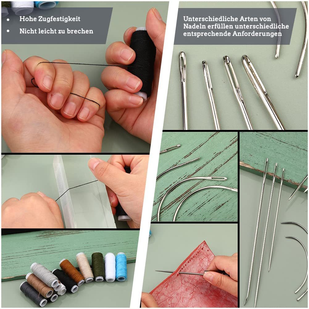 FOUORTUNATE-BEE Nähkästchen Leder Nähset 48tlg – Handnähwerkzeug für Reparaturen, Nähset mit Nadeln, Ahle & Garn für Leder & Polster – Bild 3 von 5
