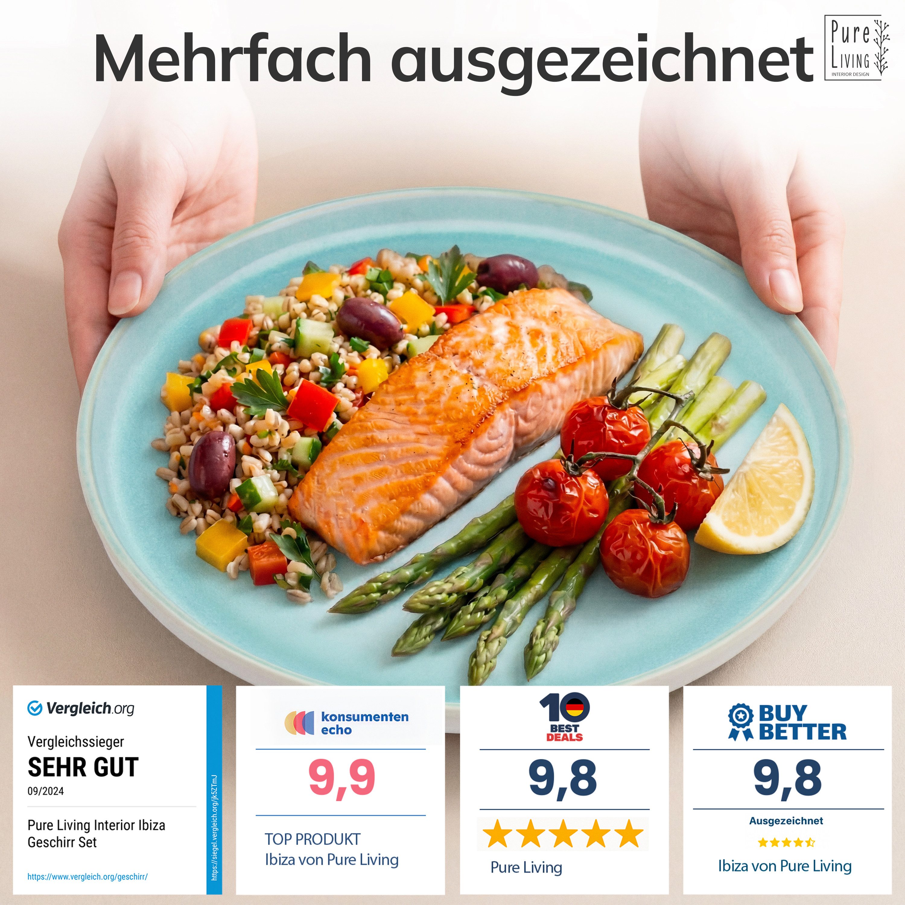 PURE LIVING INTERIOR DESIGN Geschirr-Set Pure Living Speiseteller 6er 26cm »Ibiza«, Steingut, Türkis, 6 Personen, Steingut, Mediterrane Handwerksoptik, Reaktive Glasur – jedes Stück einzigartig…