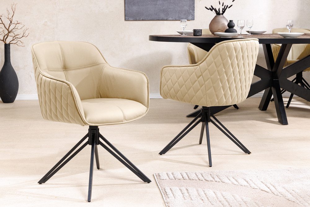riess-ambiente Polsterstuhl EUPHORIA beige/schwarz – Echtleder, drehbar, Metall-Füße, mit Armlehne (Einzelartikel, 1 St), bequemer Retro-Stuhl mit 180° Drehfunktion – ideal für edle Esszimmer