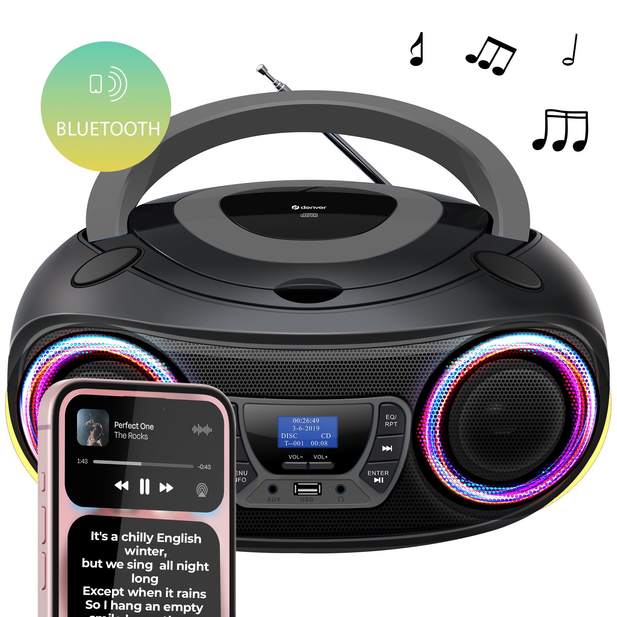 Denver TDB-212GR CD-Player (DAB+/FM Radio, MP3 via USB,& AUX, Musik Streaming über Bluetooth, CD-Player, Bluetooth, 2 x 18W Output, Batterie- oder Netzbetrieb möglich)