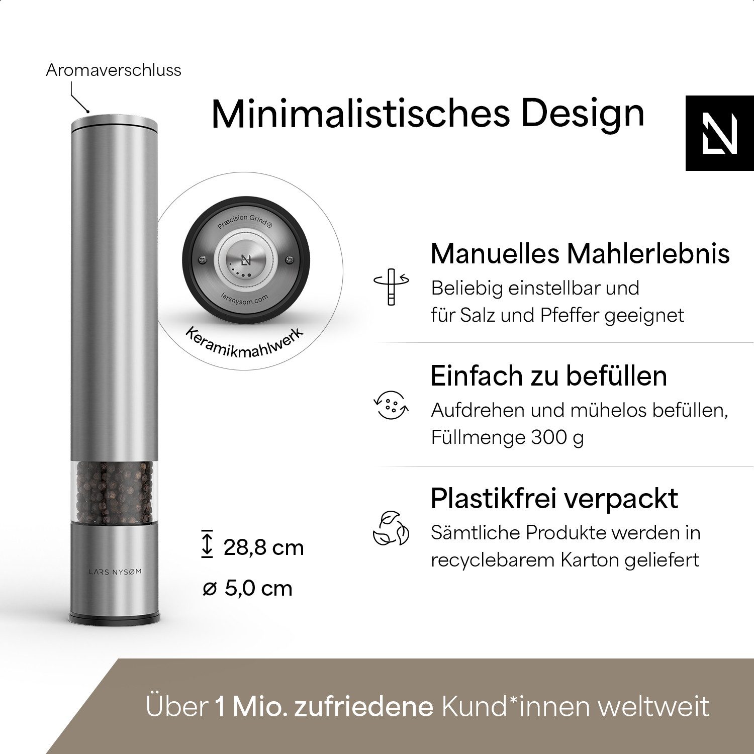 LARS NYSØM Gewürzmühle Lagom manuelle Bedienung, (1 Stück), Edelstahl XXL Gewürzmühle mit Keramikmahlwerk (Stufenlos) – Bild 4 von 5