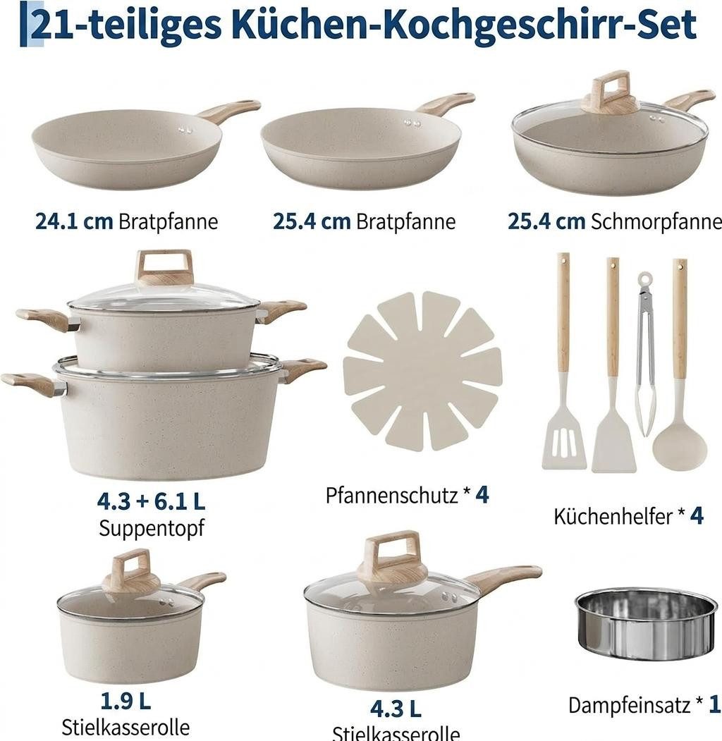 GarveeMore Topf-Set Keramik-Topfset 21tlg. antihaft, abnehmbare Griffe, für Induktion, Aluminium (Set, 21-tlg., Pfannen, Töpfe, Deckel, 2 Silikon-Utensilien, 4 Untersetzer), Keramik-Antihaft,induktionstauglich,abnehmbare Griffe
