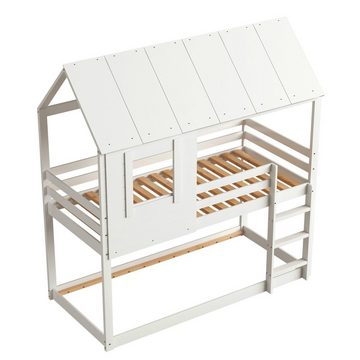 Celya Kinderbett Holz Etagenbett Hausbett 90x200 cm, Kinder Bett mit Dach, Leiter und Lattenrost Eichenfarbe