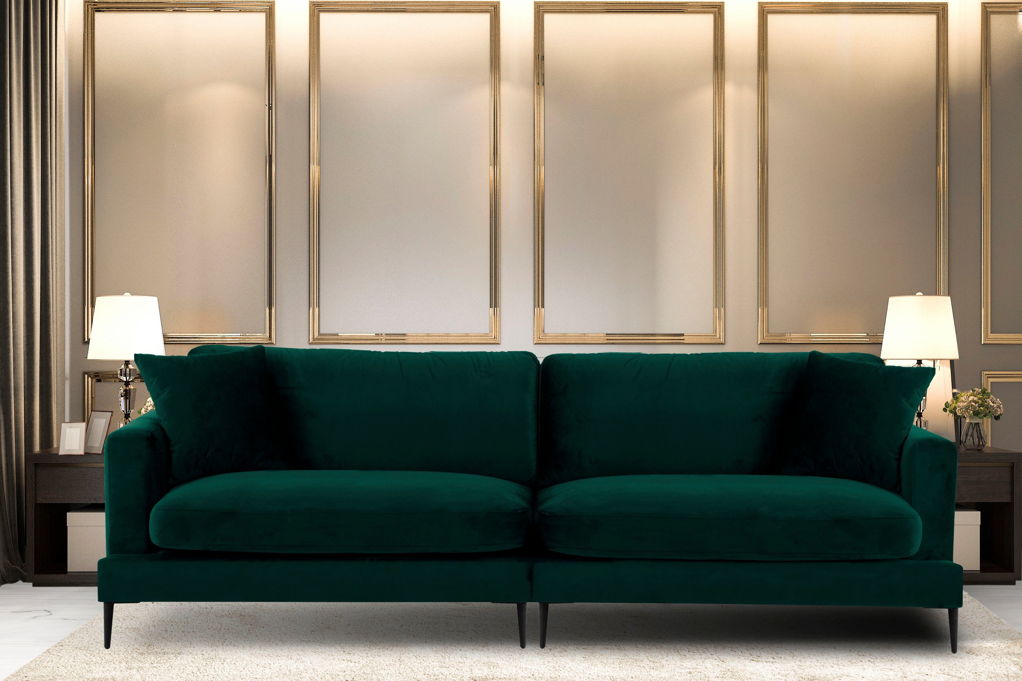 Leonique Big-Sofa Cozy elegantes Designsofa, Maße B/T/H: 252/97/80 cm, mit losen Kissen und Metallbeinen